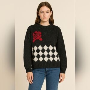 Knit Knit Rose Intarsia Argyle Chunky Knit Sweater M